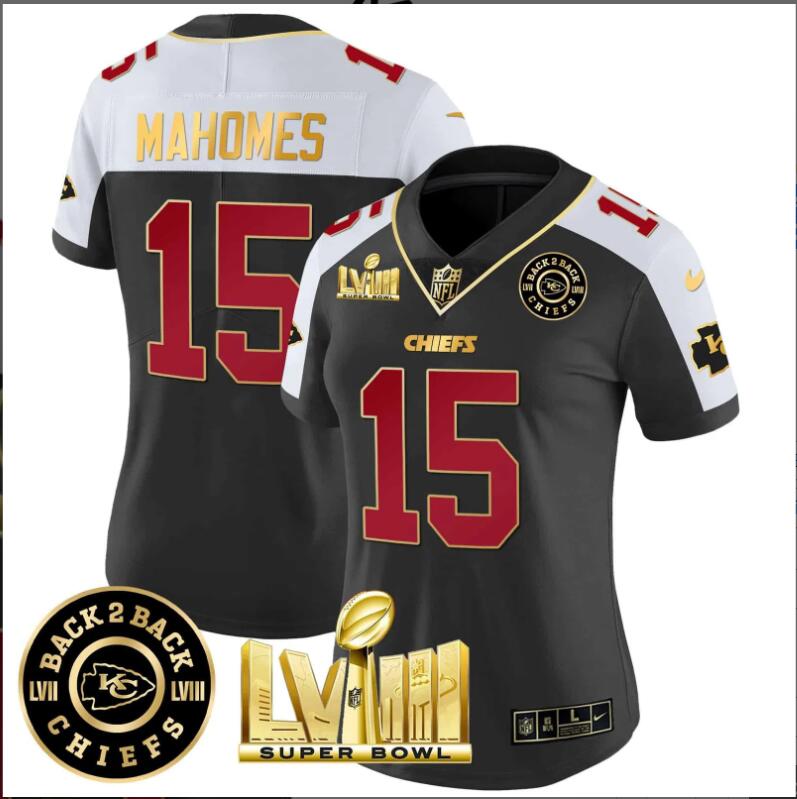 Women Kansas City Chiefs #15 Mahomes Super Bowl LVIII Back-2-Back Patch black 2024 NFL Nike jerseys